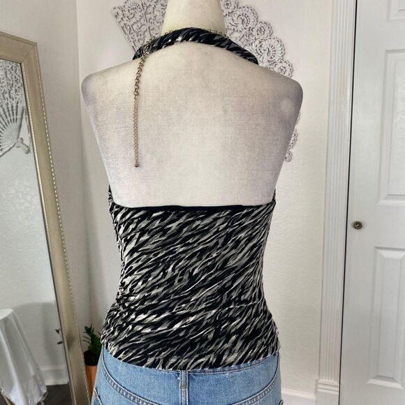 Express Early 2000’s Slinky Silver Black Zebra Velvet Sequin Halter Cami Top M - Picture 2 of 7
